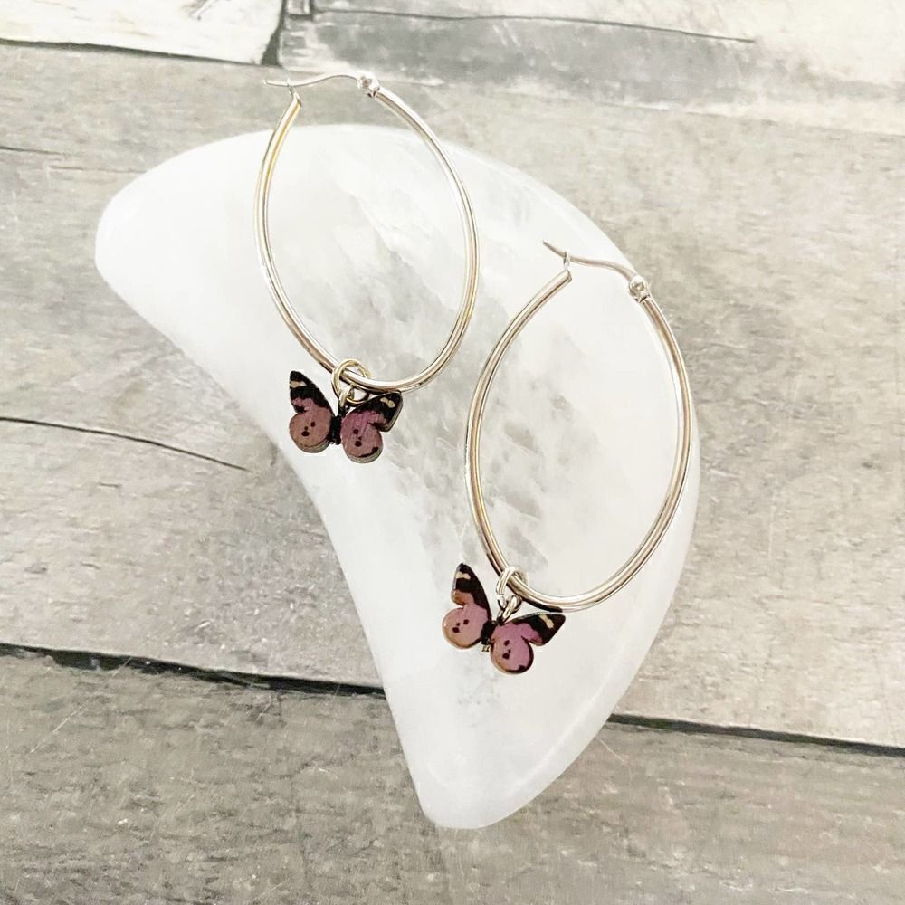 Stainless Steel Wooden Butterfly Hoop Earrings